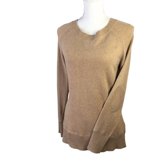 Vertical Design Cashmere Wool Blend Sweater Long Sleeve Beige Size M Elbow Patch - Picture 1 of 8